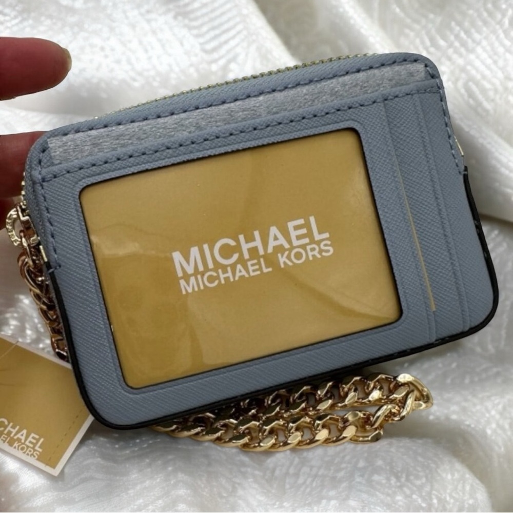 NWT Michael Kors Medium Saffiano Pale Blue Leather Chain Card Case